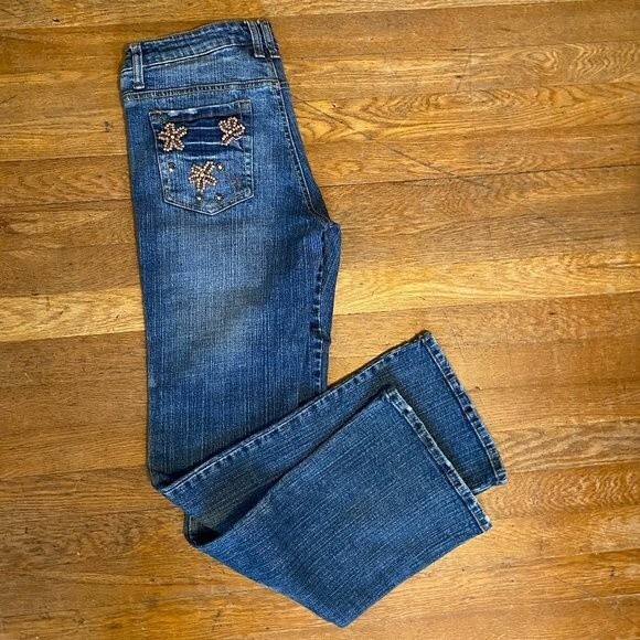 Leo Roma Bootcut Beaded Accents Boho Distressed Women Jeans Size 7 - Picture 8 of 13